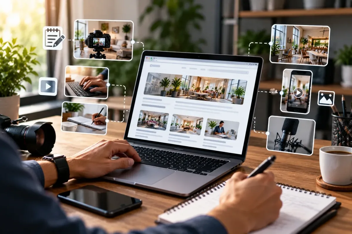 Laptop showing a blog page with photo, video, writing and podcast content around it