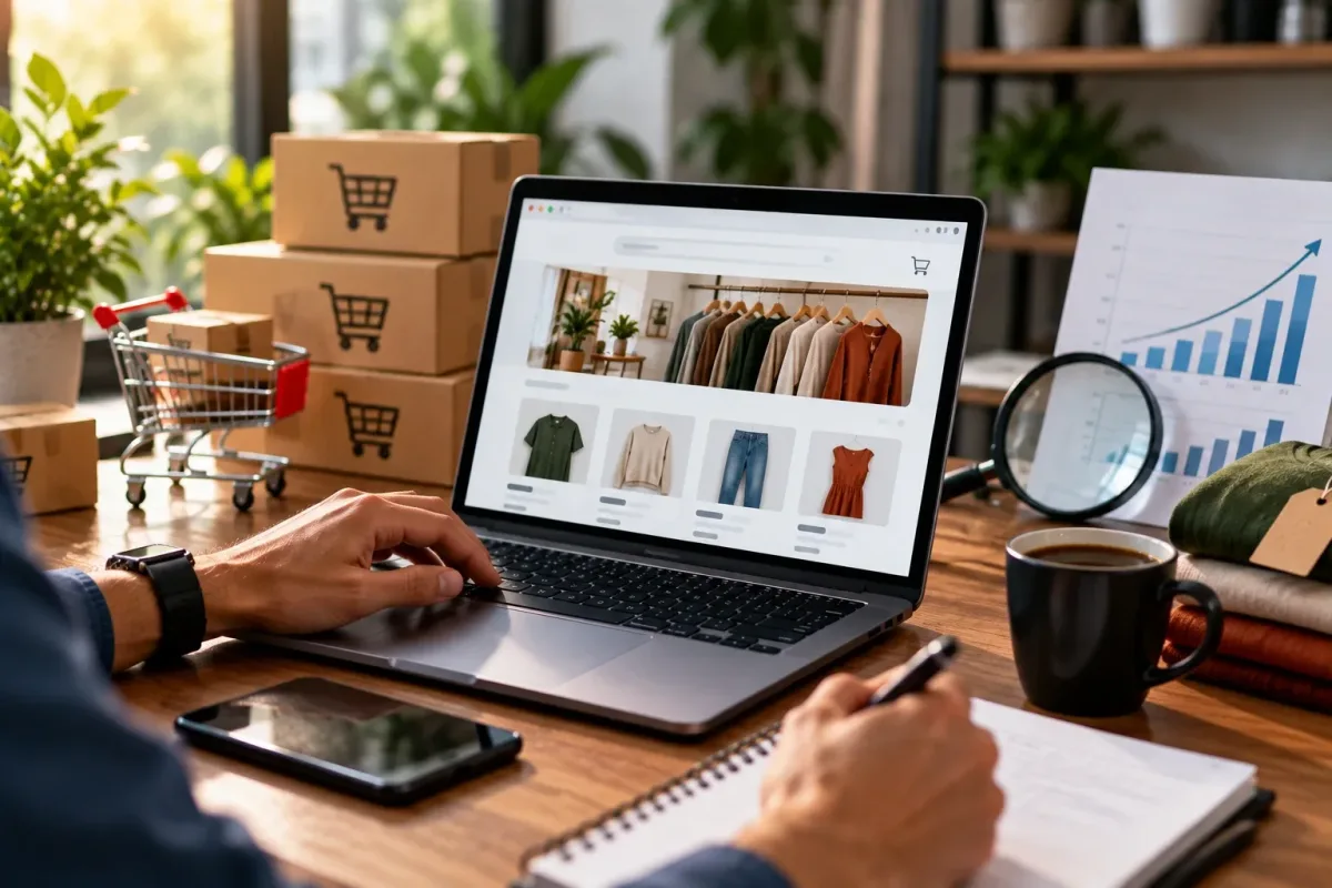 Laptop showing an online store next to parcels, a mini cart and a growth chart