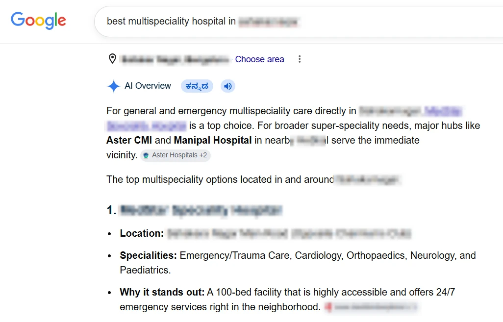 Google AI Overview from a hospital client&rsquo;s report