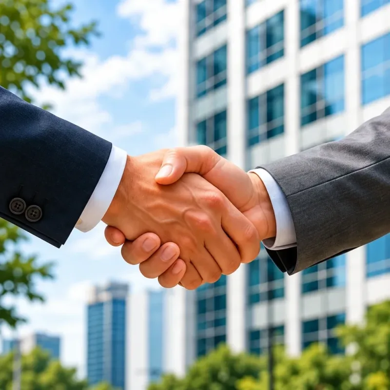 Business handshake in front of office towers