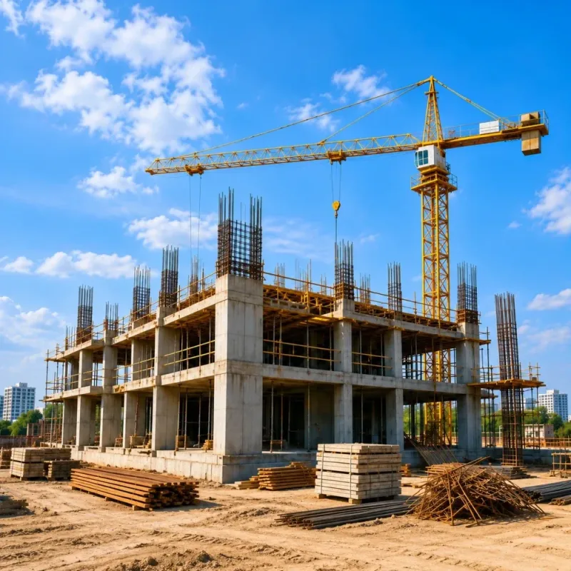 Building under construction with a tower crane