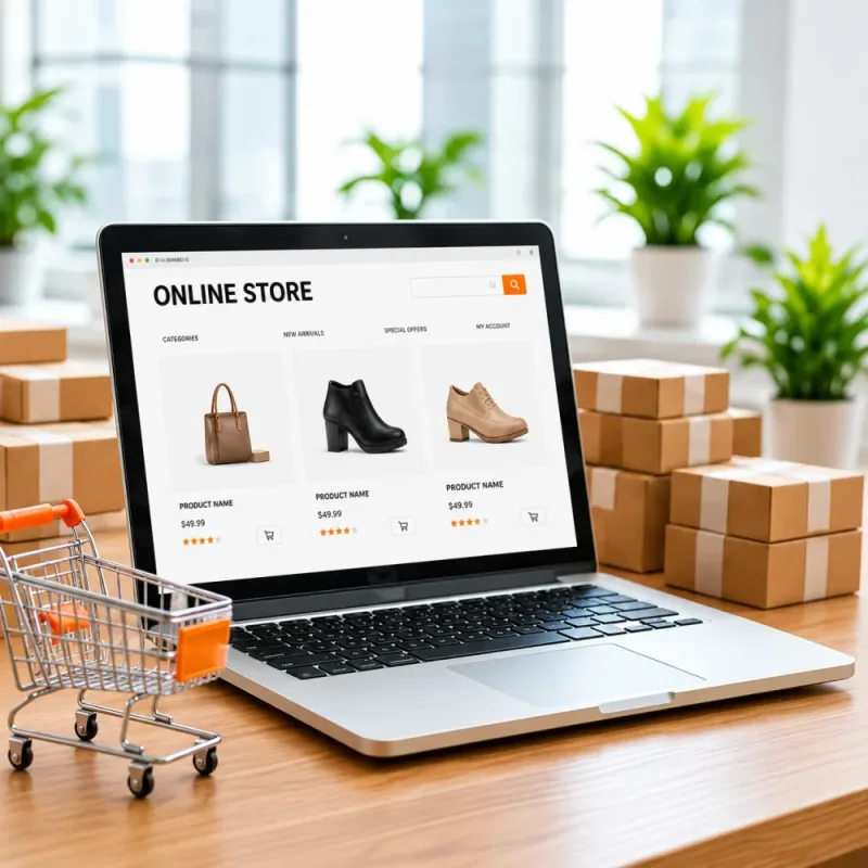 Laptop showing an online store next to parcels and a shopping cart