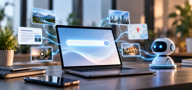 Laptop with a search bar, a small robot and floating photo and page cards linked to it