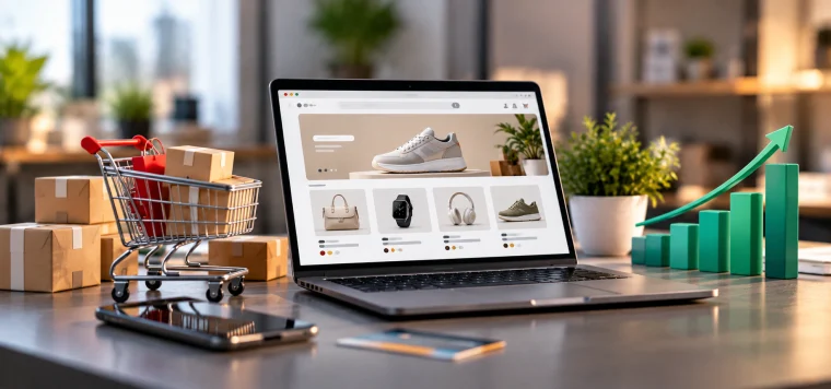 Laptop showing an online store next to parcels, a shopping cart and a rising green chart
