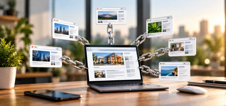 Laptop showing a website linked by chains to other website cards