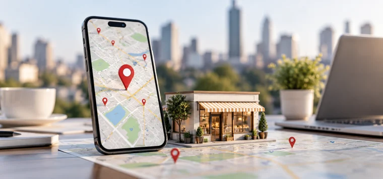 Phone with a map pin next to a small shop model on a city map