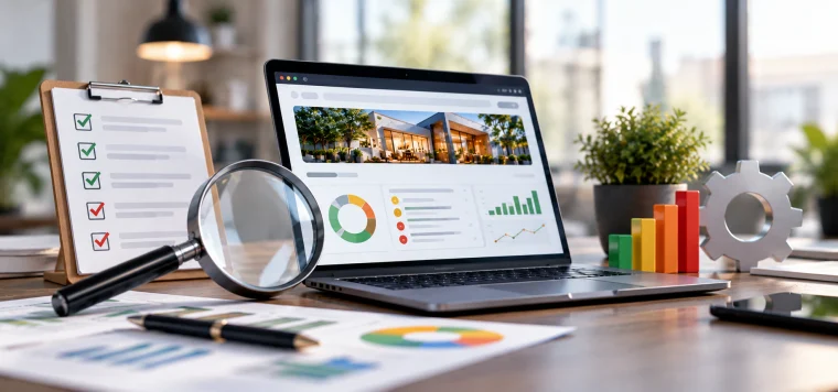 Laptop with an SEO audit dashboard, a checklist clipboard, a magnifying glass and a bar chart