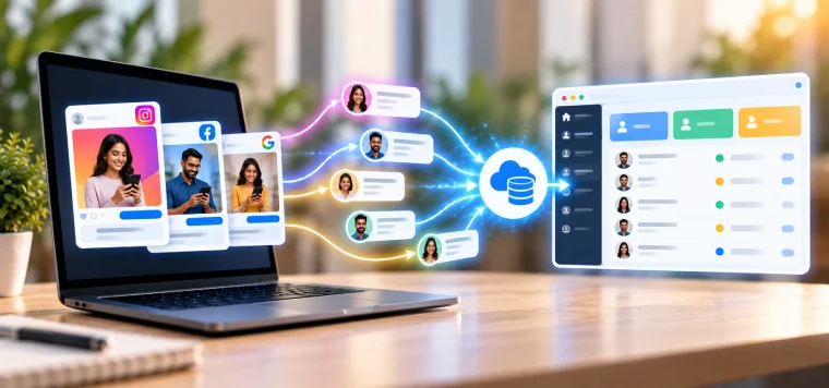 Ad leads from Instagram, Facebook and Google flowing from a laptop into a CRM list