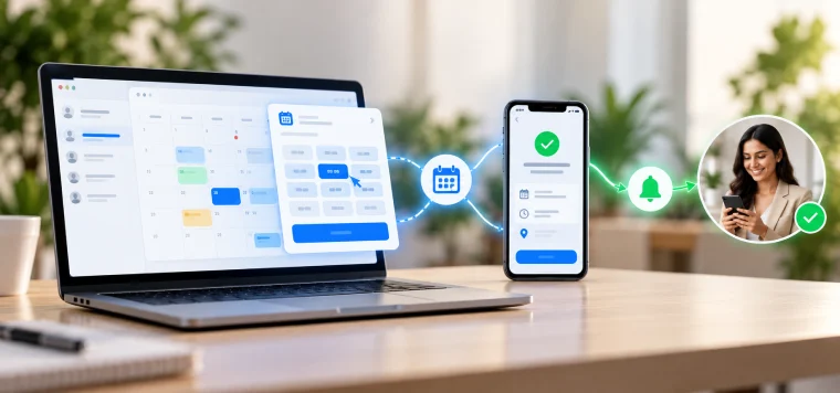 Booking calendar on a laptop sending a confirmed appointment to a phone and a reminder to a customer