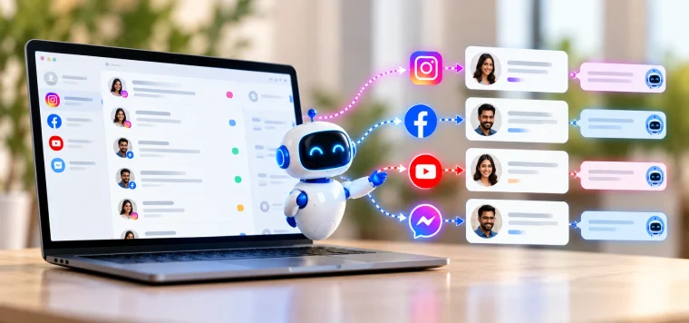 A robot replying to Instagram, Facebook, YouTube and Messenger comments from one laptop inbox