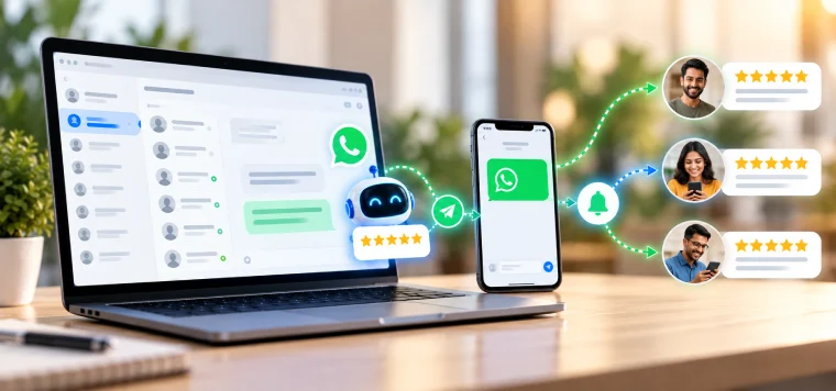 A robot sending WhatsApp review requests to a phone, with five-star replies from customers