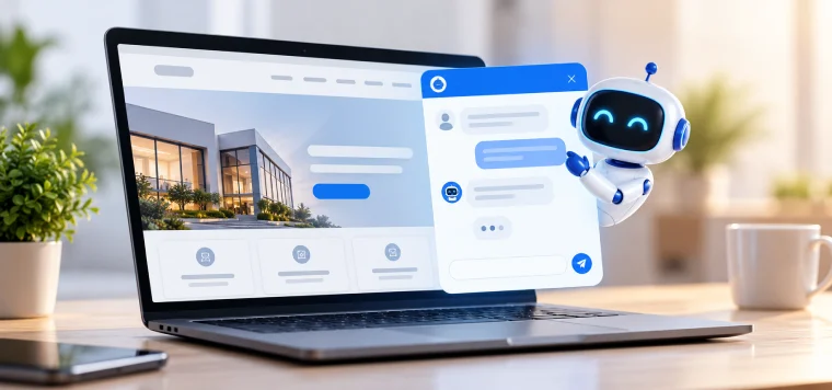 A robot chatbot window chatting with a visitor on a website shown on a laptop