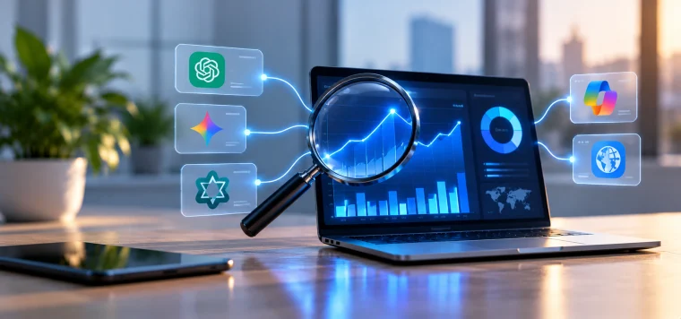 Laptop with a visibility dashboard under a magnifying glass, linked to ChatGPT, Gemini, Perplexity and Copilot icons