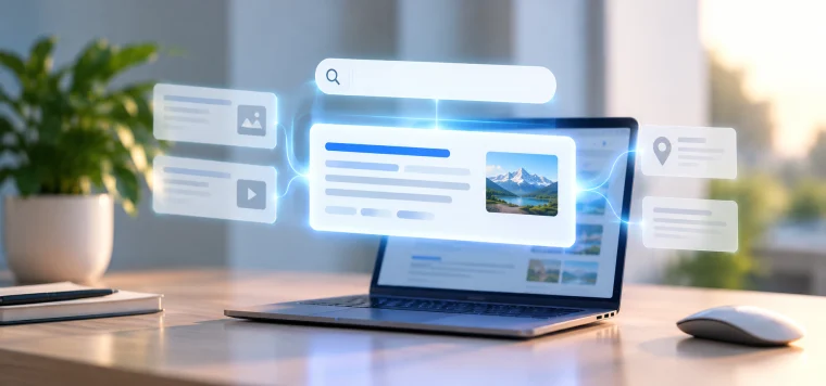 Laptop with a search bar and a highlighted answer card rising above the other results
