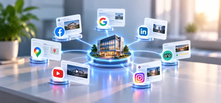 Office building linked to listings on Google, Facebook, LinkedIn, YouTube, Instagram, Google Maps and Tripadvisor