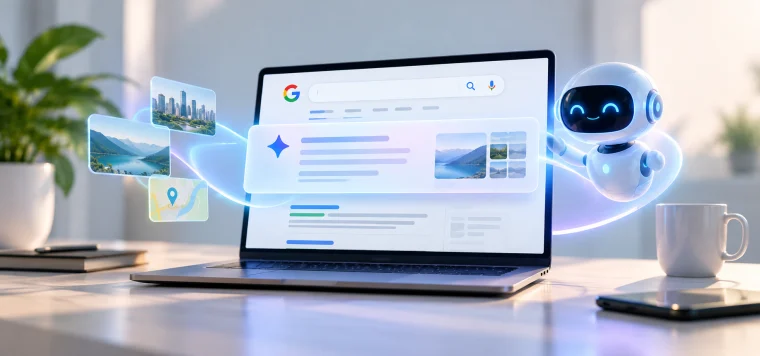 Laptop with a Google search showing an AI answer at the top, and a small robot beside it