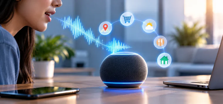 Woman speaking to a smart speaker with a sound wave and location, shopping, weather and home icons