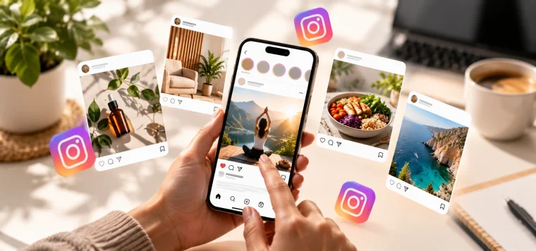 Hand holding a phone with Instagram posts and stories floating around it