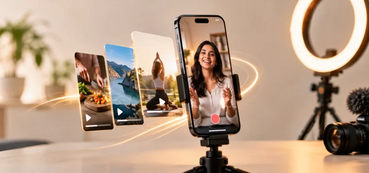 Phone on a tripod filming a woman for a reel, with a ring light and short video clips beside it