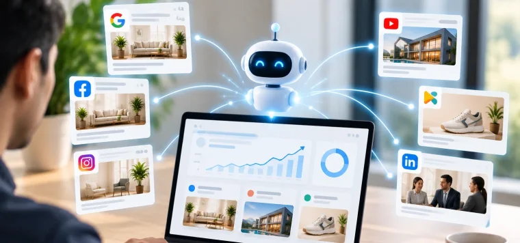 AI robot linking ads on Google, Facebook, Instagram, YouTube and LinkedIn to a results dashboard
