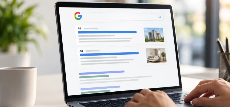 Google search results on a laptop with two ads at the top
