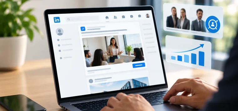 LinkedIn ad on a laptop next to a decision-maker audience and a growth chart