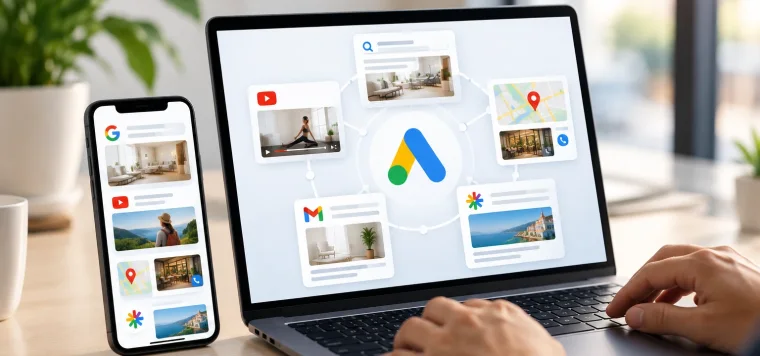 Google Ads logo linked to Search, YouTube, Maps, Gmail and Discover ads on a laptop and phone