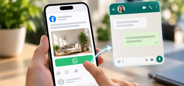 Facebook ad with a WhatsApp button opening a WhatsApp chat on a phone