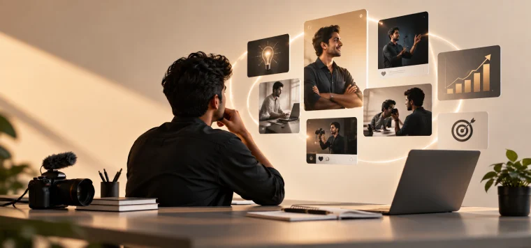 Man at a desk looking at a wall of his photos, ideas, goals and a growth chart