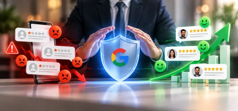 Hands guarding a Google shield between angry one-star reviews and happy five-star reviews on a rising chart