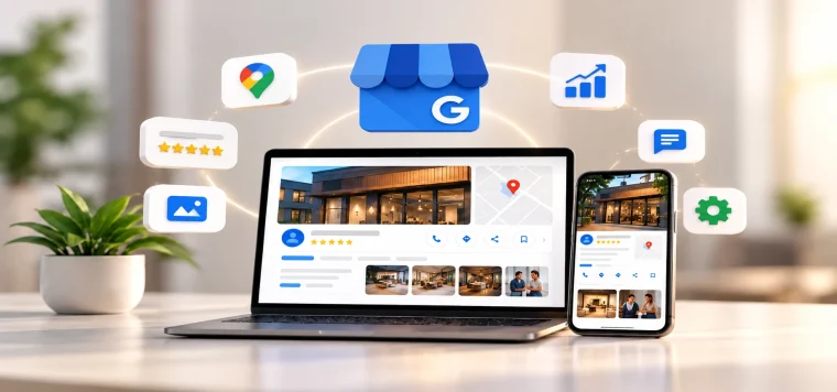 Laptop and phone showing a Google Business Profile with reviews, photos and insights around it