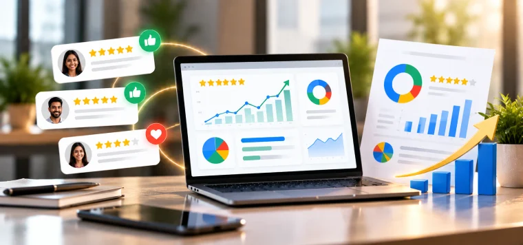 Laptop and printed report showing rating charts, with five-star reviews and a rising bar chart