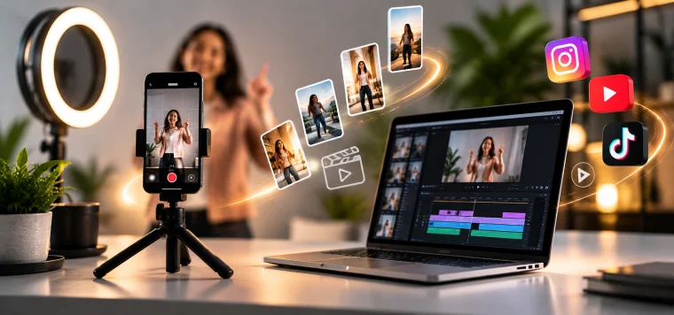 Woman filming a reel on a phone tripod with a ring light, with Instagram, YouTube and TikTok icons