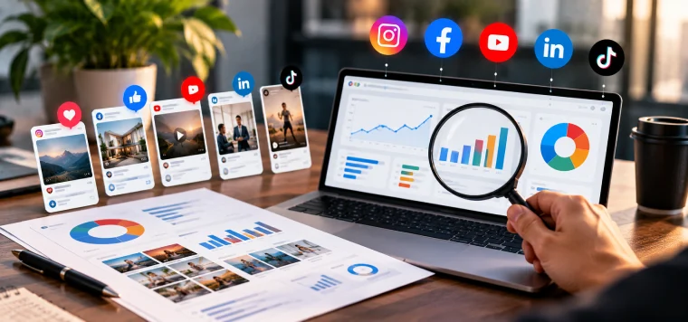 Hand holding a magnifying glass over social media charts on a laptop, with profile cards and printed reports