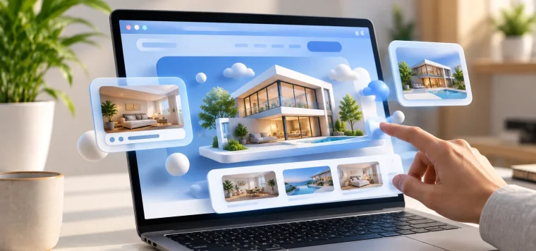 A 3D house model rising out of a website on a laptop