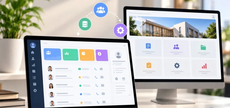CRM with a lead list on a laptop and a client portal on a desktop screen