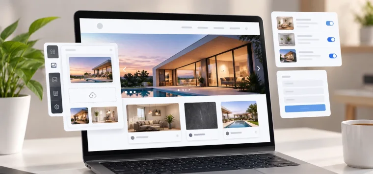Website with a photo slider and panels for uploading images and switching content on and off